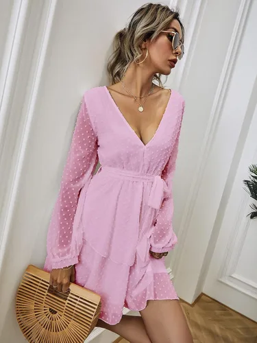 Vista 5 de MakeMeChic Vestido de manga obispo con cinturón de punto suizo para mujer