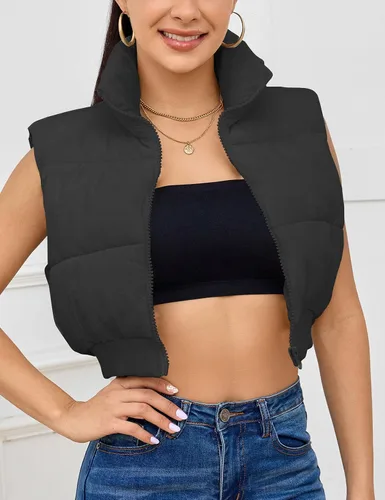 Vista 2 de Flygo Chaleco acolchado recortado con cremallera y cuello alto sin mangas acolchado para mujer
