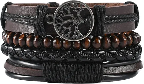 Vista 52 de Pulsera Gótica Ajustable de Cuero Trenzado Punk Multicapa de Estilo Grunge, Conjunto de Pulseras Emo con Brazalete de Metal, Envoltura