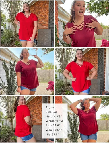 Vista 3 de Amoretu Tops de talla grande para mujer con cuello cruzado de manga corta