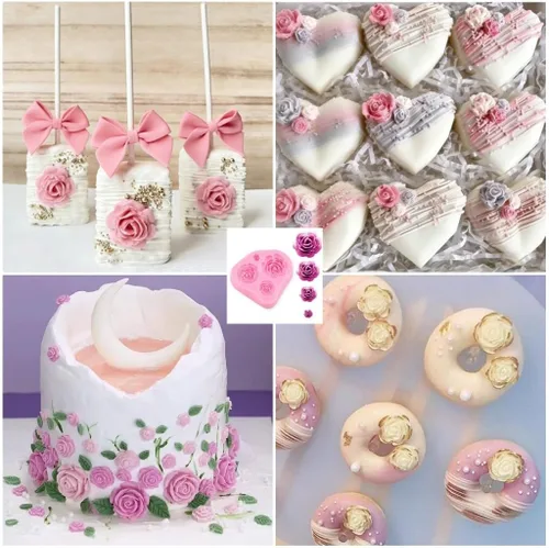Vista 2 de Molde de rosas Molde de silicona para tartas de chocolate Sugarcraft Decorar Fondant Fimo Herramientas 4 Tamaño Rosa 2 Piezas
