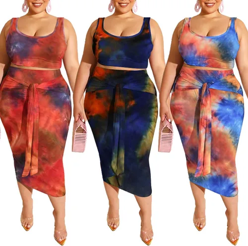 Vista 5 de Conjunto vestido a media pierna de 2 piezas de talla plus, conjunto de falda ajustada, top ajustado, estampado estilo hippy sin mangas