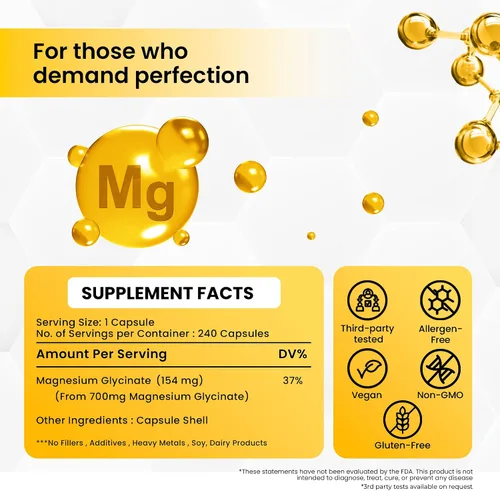 Vista 2 de Glicinato de magnesio 700mg Quelatado - Glicinato de magnesio de alta absorción para hombres y mujeres - 240 cápsulas - Suministro de 120 días