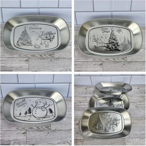Vista 3 de Juego de 3 bandejas decorativas ovaladas de metal plateado, esenciales, decoración de Acción de Gracias y vacaciones, bandejas de tocador en relieve