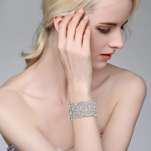 Vista 2 de BriLove Pulsera elástica de tenis con racimo de cristal nupcial para boda para mujer