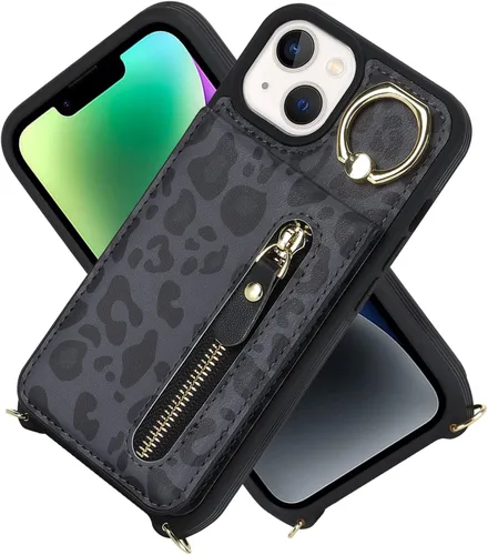 Vista 4 de Funda para iPhone 13 mini con tarjetero y correa para mujer, bolsa cruzada con soporte de anillo con cremallera para Apple 13mini, leopardo negro