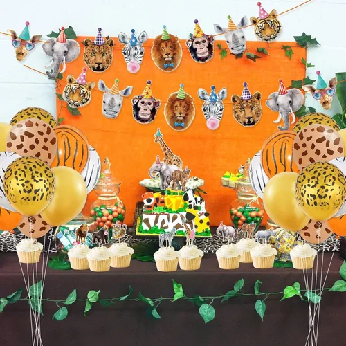 Vista 4 de Decoraciones de cumpleaños de animales de safari, fiestas, animales de la selva, banderines salvajes para tartas y globos para niños y niñas
