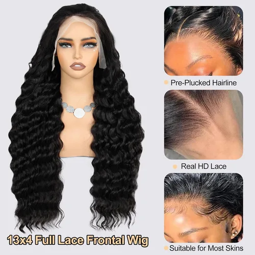 Vista 3 de Pelucas de cabello humano con malla frontal de onda suelta 13x4, densidad del 200%, con encaje frontal transparente HD, encaje frontal completo, sin