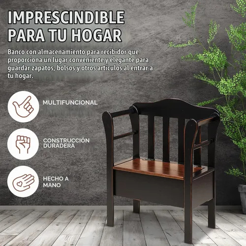 Vista 6 de Peaceful Classics Banco de almacenamiento de entrada de madera, negro