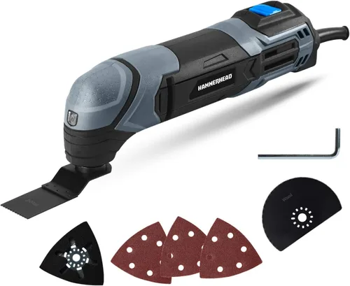 Vista 7 de Hammerhead Multiherramienta oscilante de 2.2 amperios con 1 hoja de corte al ras, 1 hoja de sierra de semicírculo, 1 almohadilla de lijado, 3 piezas
