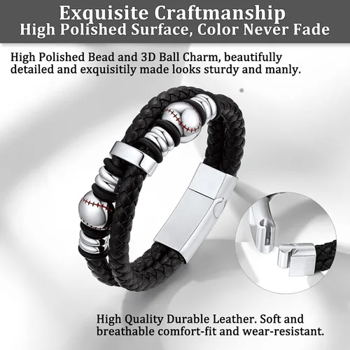 Vista 5 de Bestyle Mens Leather Bracelet with Stainless Steel BaseballSoccer Bead Bracelets for Men,Fashion Leather Bracelets for Men, Size 7.58.3Inch
