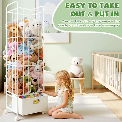 Vista 5 de Almacenamiento para Animales de Peluche, Soporte de Animales de Peluche de Metal con Cajón de Tela y Ruedas Organizador Vertical Alto de Juguetes