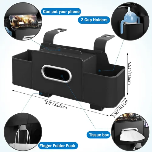Vista 2 de Organizador de asiento trasero de automóvil con 1 paquete de 80 pañuelos, caja de pañuelos para el respaldo del asiento del automóvil y gancho