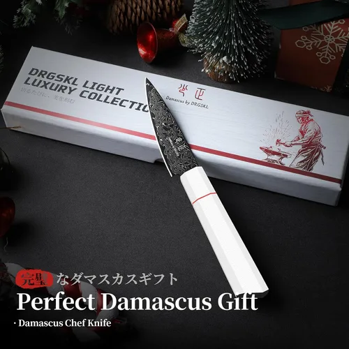 Vista 6 de DRGSKL Cuchillo de fruta de Damasco de 3.5 pulgadas - Cuchillo de pelar VG10 para corte de precisión - Cuchillos de cocina pequeños con mango
