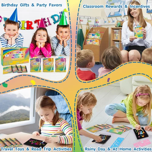 Vista 7 de YSCare Artículos de Fiesta de Arte de Rascar para Niños: 16 Pack Cuaderno de Arte de Rascar Arcoíris, Kit de Manualidades y Artesanías, Bolsas