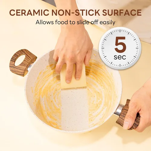Vista 5 de Sweetcrispy Juego de 17 ollas y sartenes antiadherentes, juego de cocina no tóxico con asas que se mantienen frescas, color blanco crema