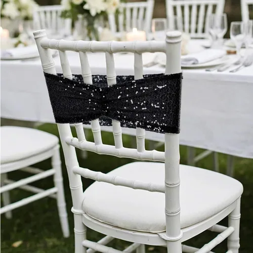 Vista 7 de Poise3EHome Bandas de silla de lentejuelas negras, bandas para sillas plegables para decoraciones de boda, ceremonia, banquete, 10