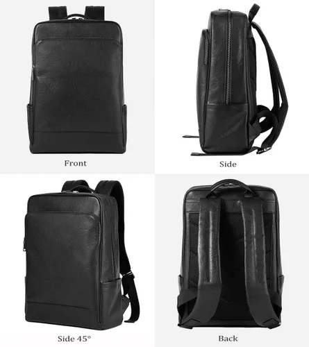 Vista 4 de Mochila para portátil de cuero genuino de 15.6 pulgadas para hombres y mujeres, mochila de viaje de negocios, mochila de senderismo (1#negro)