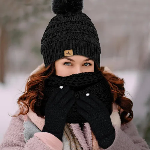 Vista 6 de Winter Beanie Hat Scarf Gloves Set, Soft Fleece Knit Hat Warm Touchscreen Gloves Neck Warmer Thick Scarves Gifts for Women