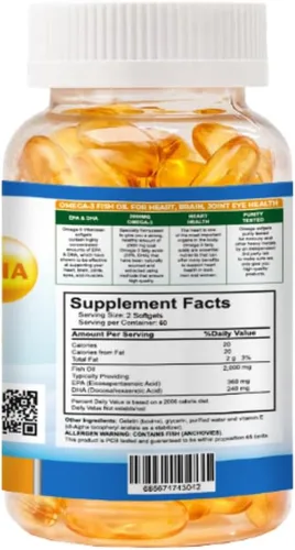 Vista 2 de Vitaminas orgánicas súper Omega 3 Ultra Pure Fish Oil Concentrado, EPA y DHA Triple Fuerza, ácidos grasos Omega 3, Burpless 120 cápsulas blandas