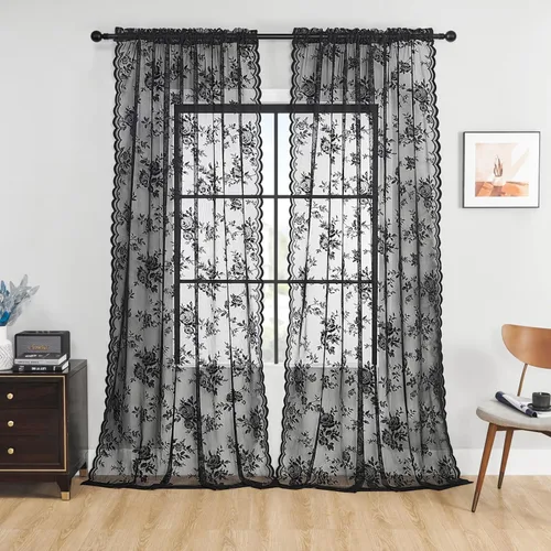 Vista 45 de Cortinas de encaje beige, juego de 2 paneles de cortinas traslúcidas con bolsillo para cortinero, decoración de ventana pequeña, baño, sótano