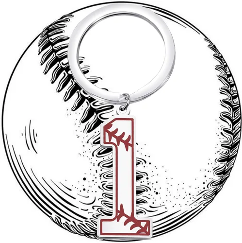 Vista 5 de FAADBUK Llavero de béisbol con inicial de béisbol 0-9, joyería de números de la suerte para hombres y mujeres, Metal, Acero inoxidable