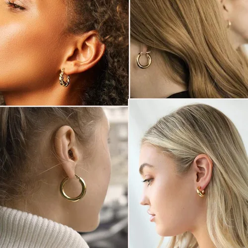 Vista 5 de Juego de 6 pares de aretes de aro de oro grueso para mujer, chapados en oro de 14 quilates, hipoalergénicos, gruesos y abiertos, joyería para regalos