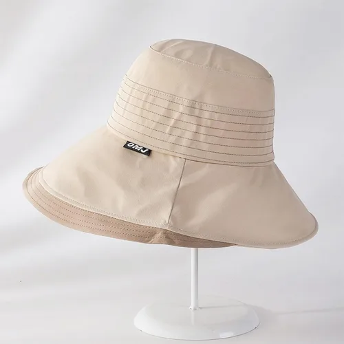 Vista 3 de Sombreros de sol de ala ancha para mujer, sombreros de pesca de playa de verano, gorra plegable con protección UV Beige