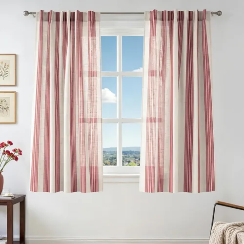 Vista 109 de DriftAway Cortinas de estilo granja con rayas verticales de lino mezclado texturizado con filtro de luz semitransparente para sala de estar