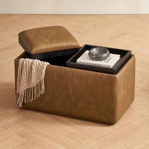Vista 18 de mopio Levi - Otomana de almacenamiento con bandeja reversible, mesa de centro cuadrada tipo baúl moderna, otomana de taburetes tapizados