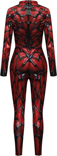 Vista 4 de Disfraz divertido de Halloween para hombre, diseño de esqueleto, overol para cosplay Negro y rojo