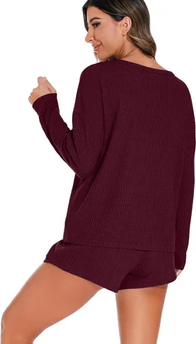 Vista 6 de PrinStory Conjunto de pijama para mujer, conjunto de 2 piezas de punto gofre, conjunto de ropa de descanso con bolsillos