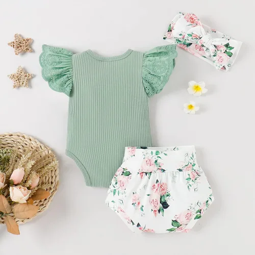 Vista 5 de Ropa de bebé niña, mameluco de encaje con volantes de verano para recién nacido + pantalones cortos florales, 3 piezas, sesión de fotos para niños
