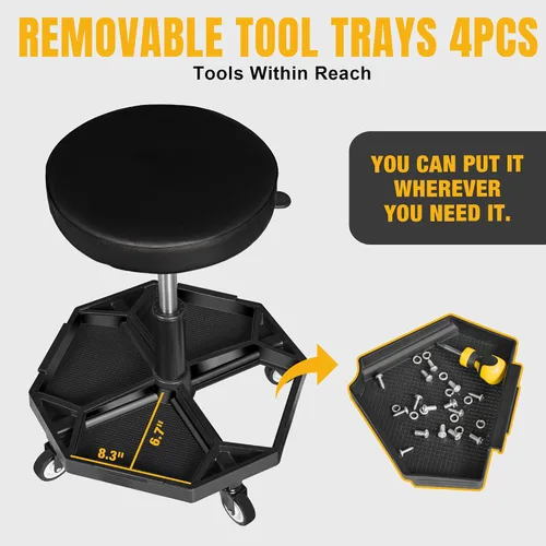 Vista 5 de YELLOW JACKET - Asiento rodante de garaje con ruedas de altura ajustable, taburete neumático para mecánico de 300 libras, asiento de arrastre Negro