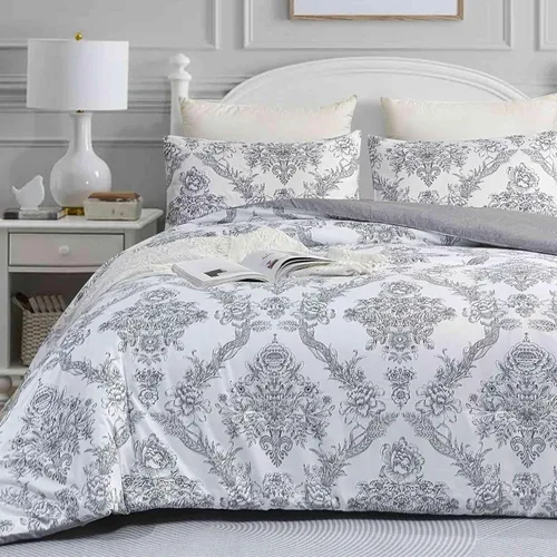 Vista 11 de Faincy Juego de edredón floral de tamaño individual, diseño de hojas de flores rosas y blancas, juego de cama alternativo reversible preppy, edredón