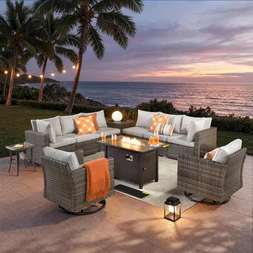 Vista 22 de ovios Juego de muebles de patio al aire libre de 5 piezas con mesa de café, conjunto seccional de muebles de patio con sofá de mimbre para todo tipo