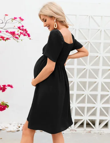 Vista 2 de KOJOOIN Vestido de maternidad de verano para mujer, lazo en la espalda, cuello cuadrado, manga abombada, hombros descubiertos, vestido de baby shower