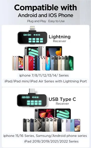 Vista 3 de Micrófono de solapa inalámbrico Lavalier para iPhone/Android/iPad para grabación de video con reducción de ruido/eco/sonido de estudio de 24 bits