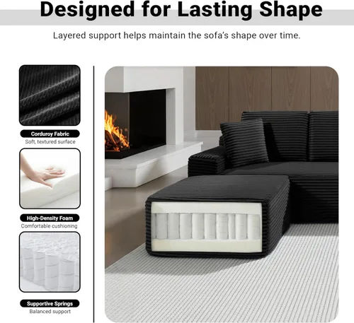 Vista 7 de Sofá modular modular de 150 pulgadas, sofá de nube moderno de gran tamaño para sala de estar, sofás en forma de U con 2 otomanas, puertos USB y Negro