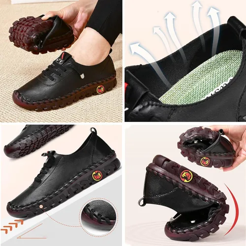 Vista 5 de AngryMonkey Mocasines planos de cuero para mujer, hechos a mano, antideslizantes, buen soporte de arco, transpirables, parte inferior suave