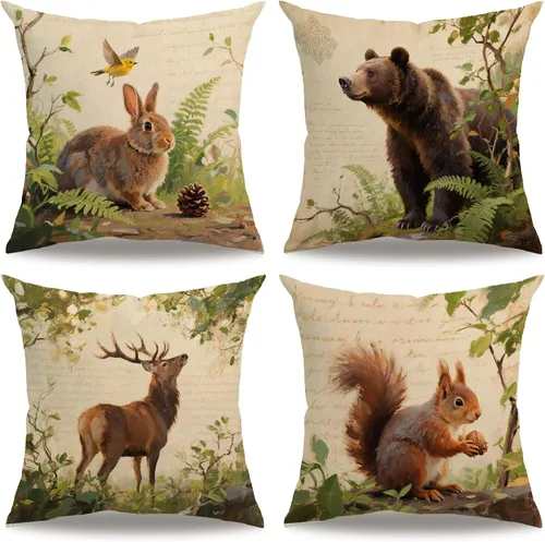 Vista 12 de Juego de 4 fundas de almohada rústicas de vida silvestre de 18 x 18 pulgadas, fundas de almohada decorativas de alce, oso, lobo, cabaña, fundas