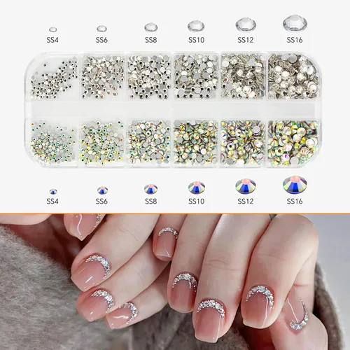 Vista 2 de 3 cajas de 6600 piezas de diamantes de imitación para arte de uñas, perlas semicirculares, gemas multicolor para uñas AB con parte trasera plana