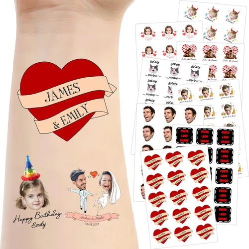 Vista 21 de Tatuajes temporales personalizados para la cara, tatuajes faciales personalizados con nombre de foto, logotipo, texto, calcomanía de tatuaje falsa