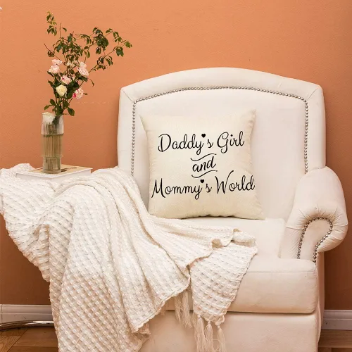 Vista 4 de Ogiselestyle Nursery Decor Mommy's World - Funda de cojín decorativa de lino y algodón con texto en inglés "Mommy's World" para sofá, 18 x 18