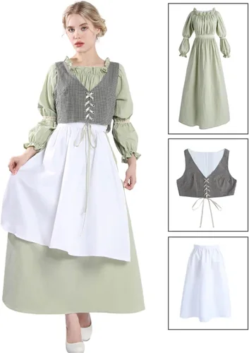 Vista 3 de Nuoqi Colonial Dress Women Green Pioneer Dress Adult Prairie Dress Costume with Apron 4 Pcs Set