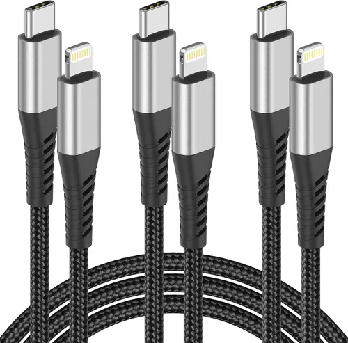 Vista 8 de Paquete de 3 cables USB C a Lightning de 1 pie, certificado MFi, cable Lightning PD PD de carga rápida, cable de carga USB C de nailon trenzado