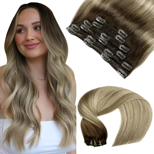 Vista 19 de VINBAO Extensiones de cabello humano con clip, balayage, color marrón ceniza a rubio caramelo, 14 pulgadas, 6 unidades, 3.53 onzas, 6