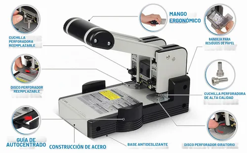 Vista 8 de Carl, Heavy Duty 2 agujeros, perforadora de papel de 100 hojas, azul, gris