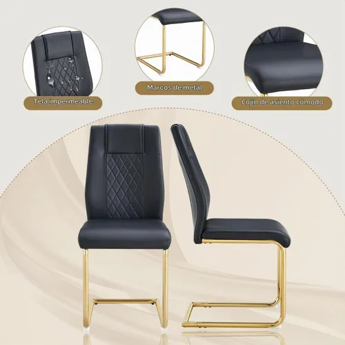 Vista 6 de Juego de mesa de comedor moderna de 55 pulgadas para 4, mesa de comedor negra y marco de metal dorado, mesa de comedor rectangular con 4 sillas