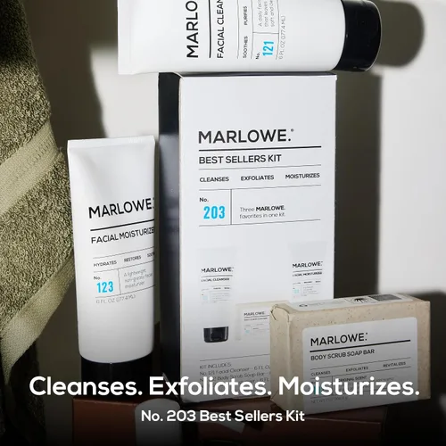 Vista 2 de MARLOWE. Kit de los Más Vendidos No. 203, Incluye Jabón Exfoliante Corporal Original No. 102, Limpiador Facial No. 121 y Hidratante Facial No. 123